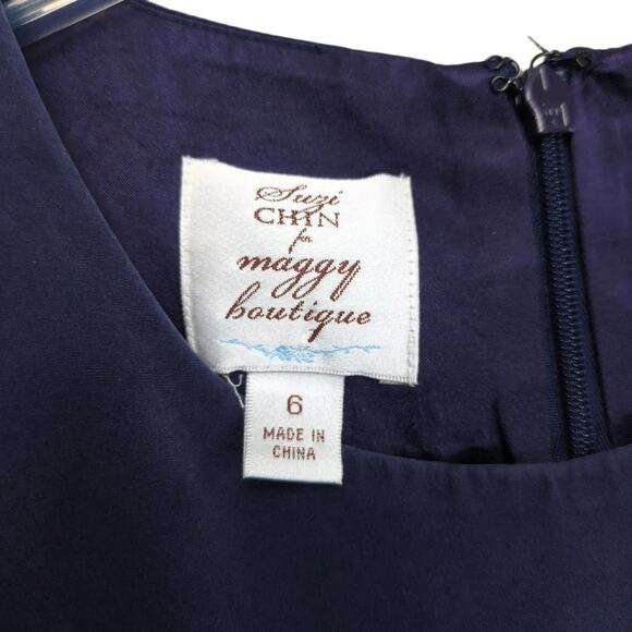 Suzi Chin Maggy Boutique Sz 6 Navy Silk A-Line Shift Midi Dress Tie Belt Petal - Picture 3 of 6